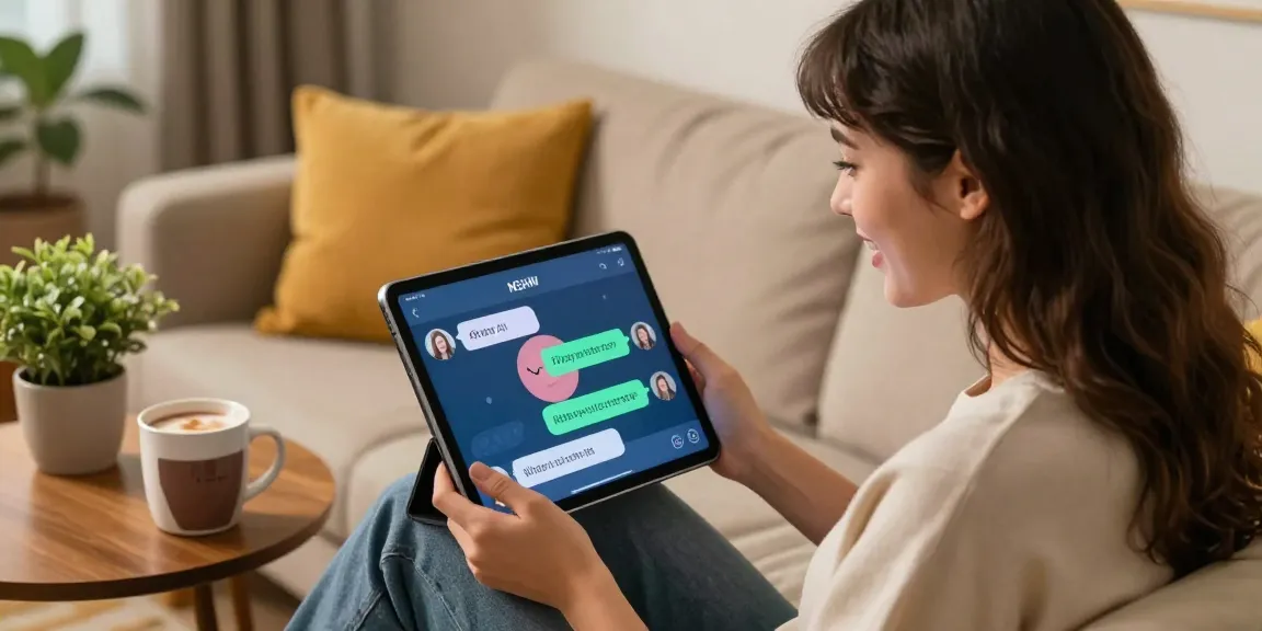 Engaging woman using tablet for ai spicy chat, cozy ambiance with warm lighting and personal touches.