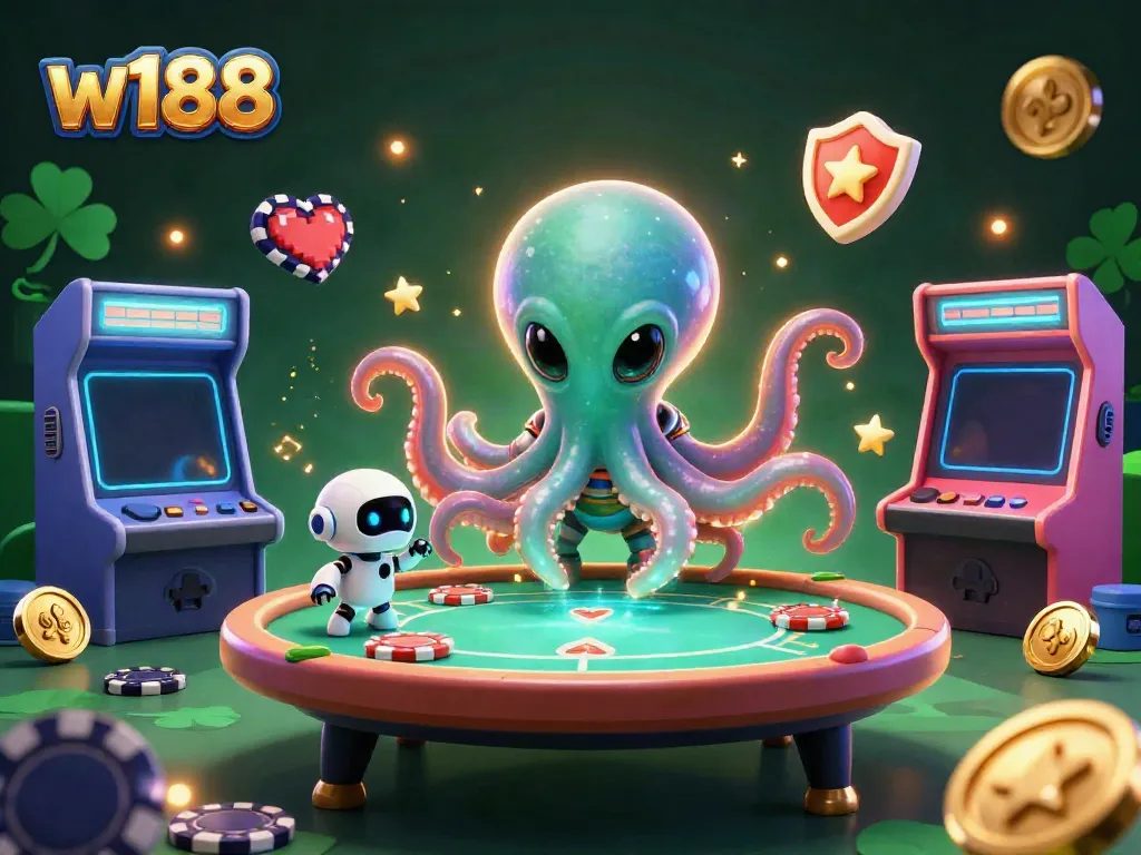 Play poker in a vibrant online setting with w188's cartoon alien octopus and robot, surrounded by colorful gaming elements.