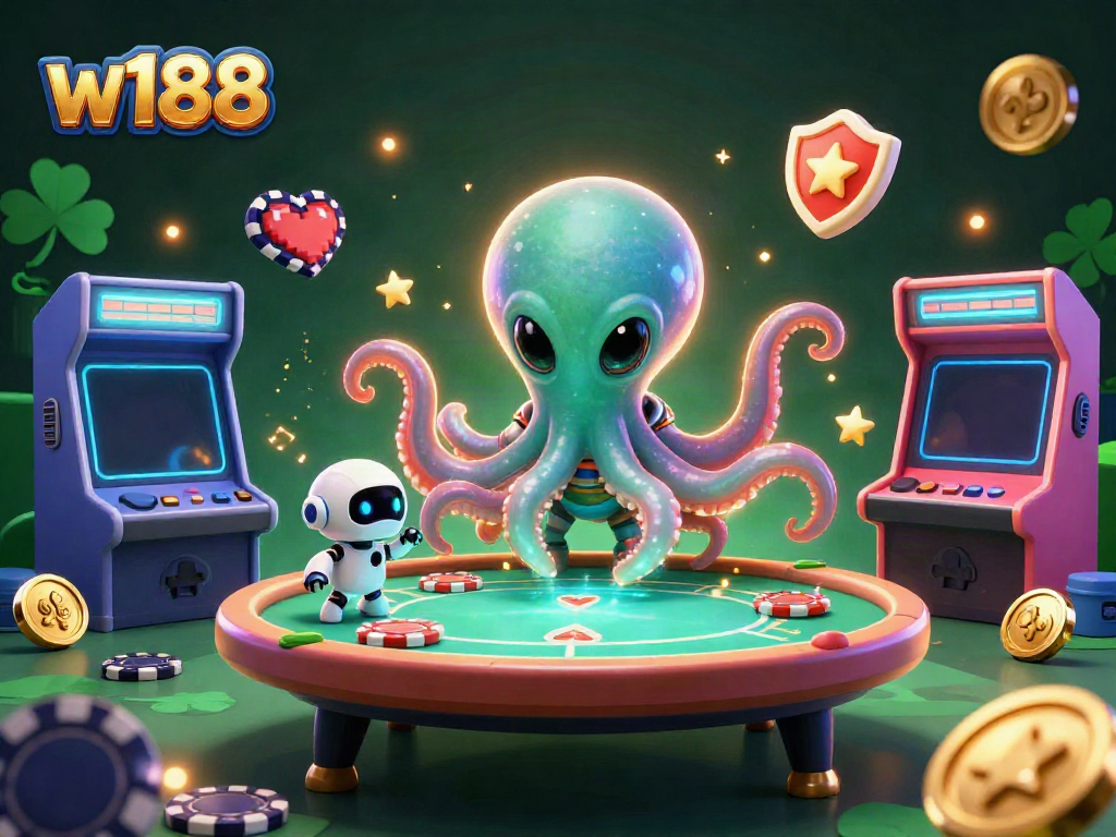 Play poker in a vibrant online setting with w188's cartoon alien octopus and robot, surrounded by colorful gaming elements.