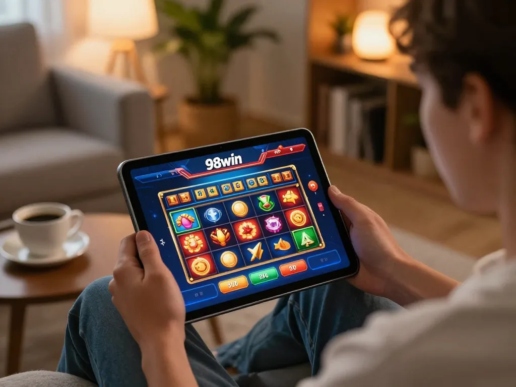 Player exploring 98win casino app at home with a tablet, showcasing engaging gambling options.