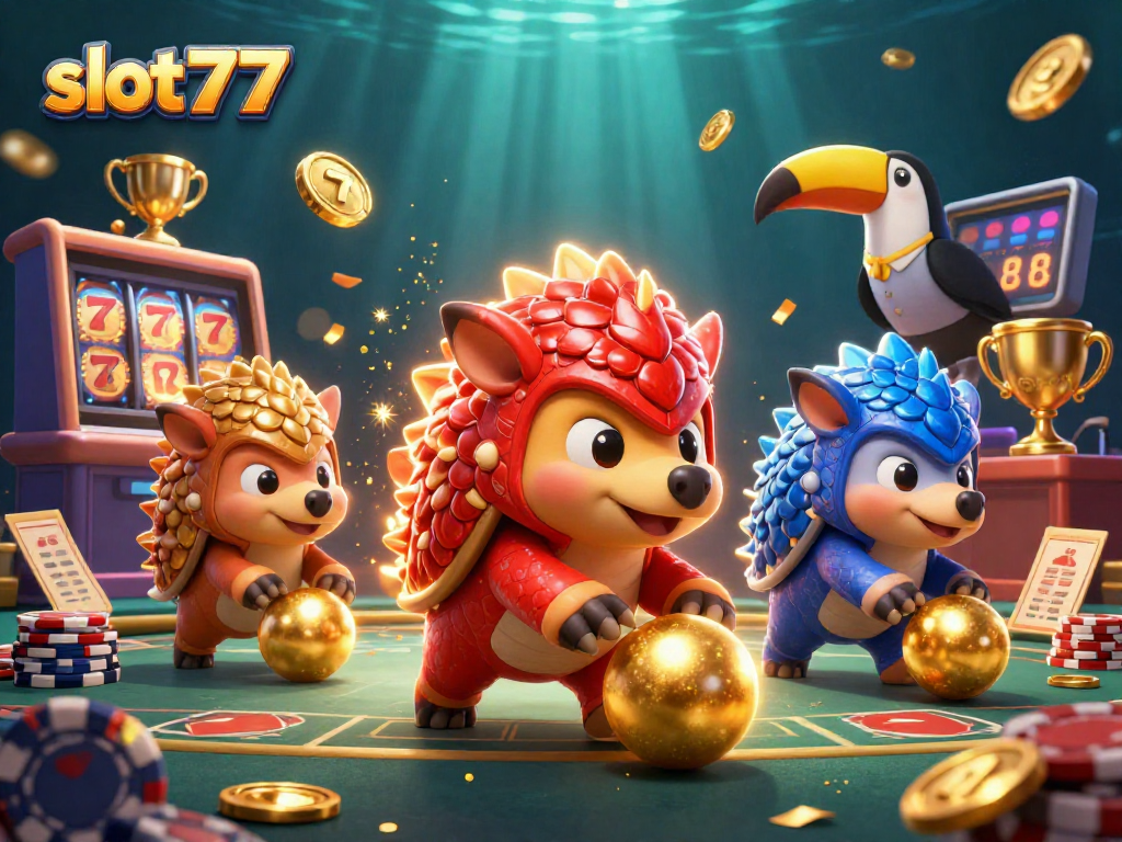 Experience fun with slot777 as pangolins compete in a vibrant, animated casino scene, rolling into golden balls.