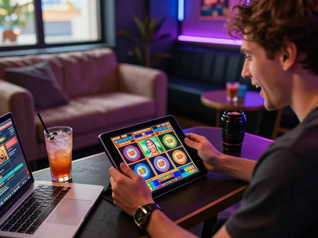 Pemain bersemangat terlibat dalam permainan situs slot di tablet di kasino virtual yang penuh warna.