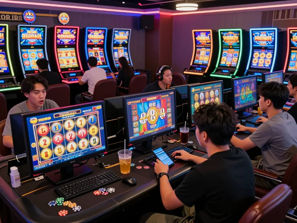 Pemain merasakan kegembiraan situs gacor di lingkungan permainan yang cerah dengan lampu neon dan permainan slot yang menarik.