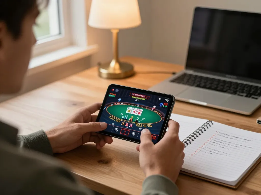 Player exploring 388bet's live dealer games on a mobile device in a cozy home office environment.