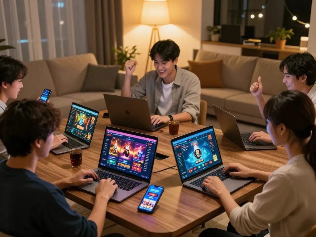 Players enjoying online gaming at home with god55 casino apps, celebrating winnings together.