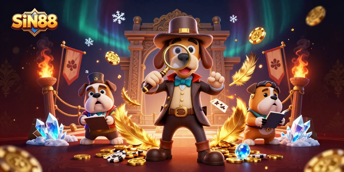 SIN88 detective illustration revealing a golden poker chip clue in a thrilling casino adventure.
