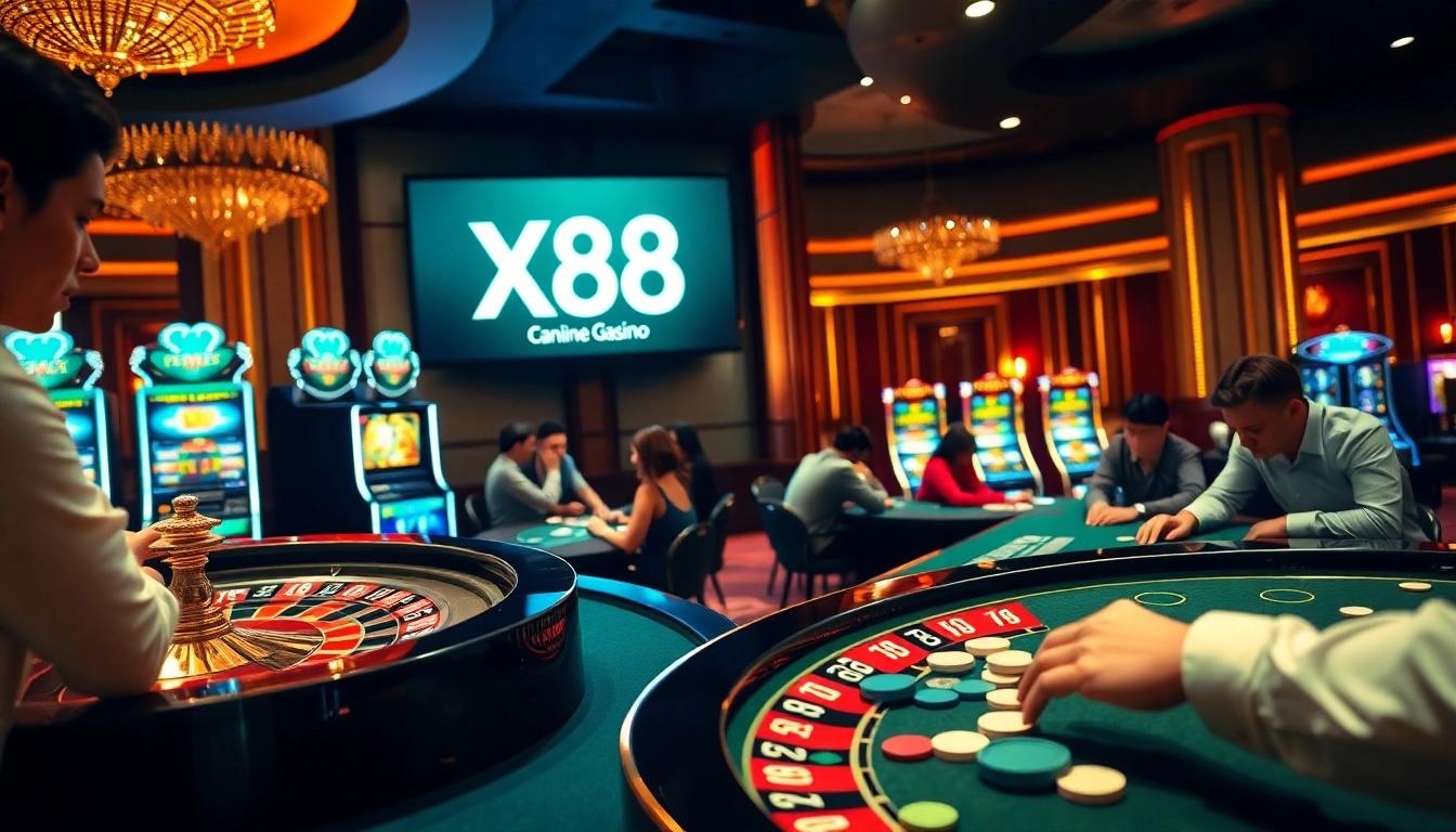 Experience X88's exciting casino action with vibrant poker tables and roulette wheels.