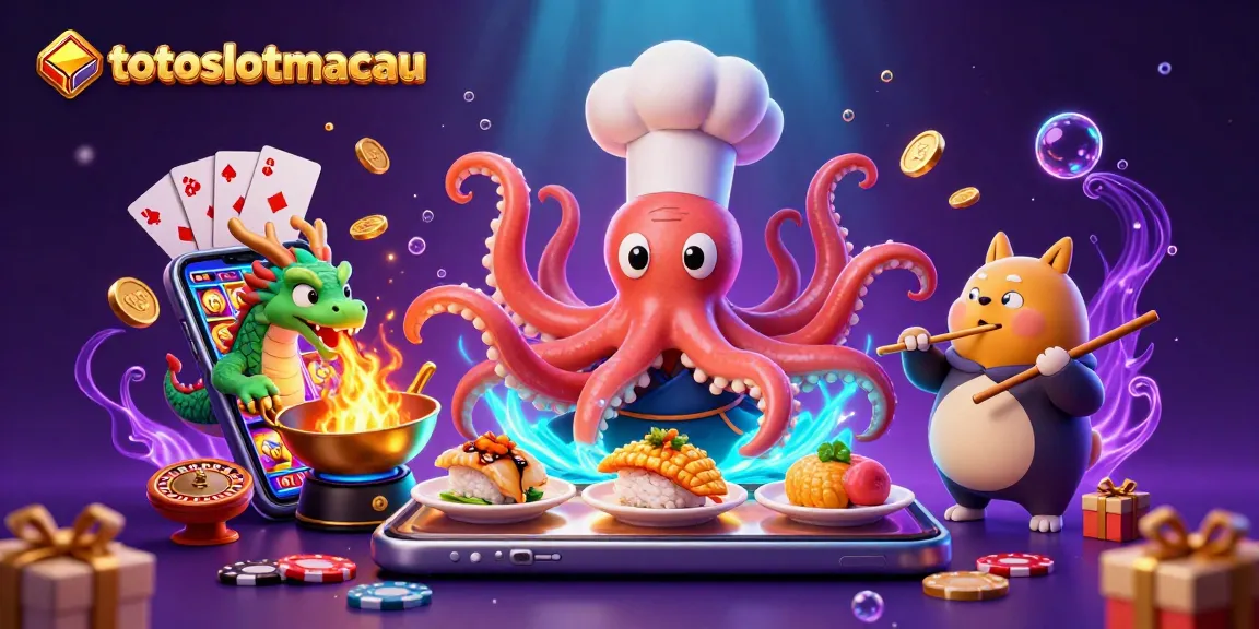 Experience the thrill of gaming with totoslotmacau's vibrant 3D illustration of a sushi chef octopus and friends.