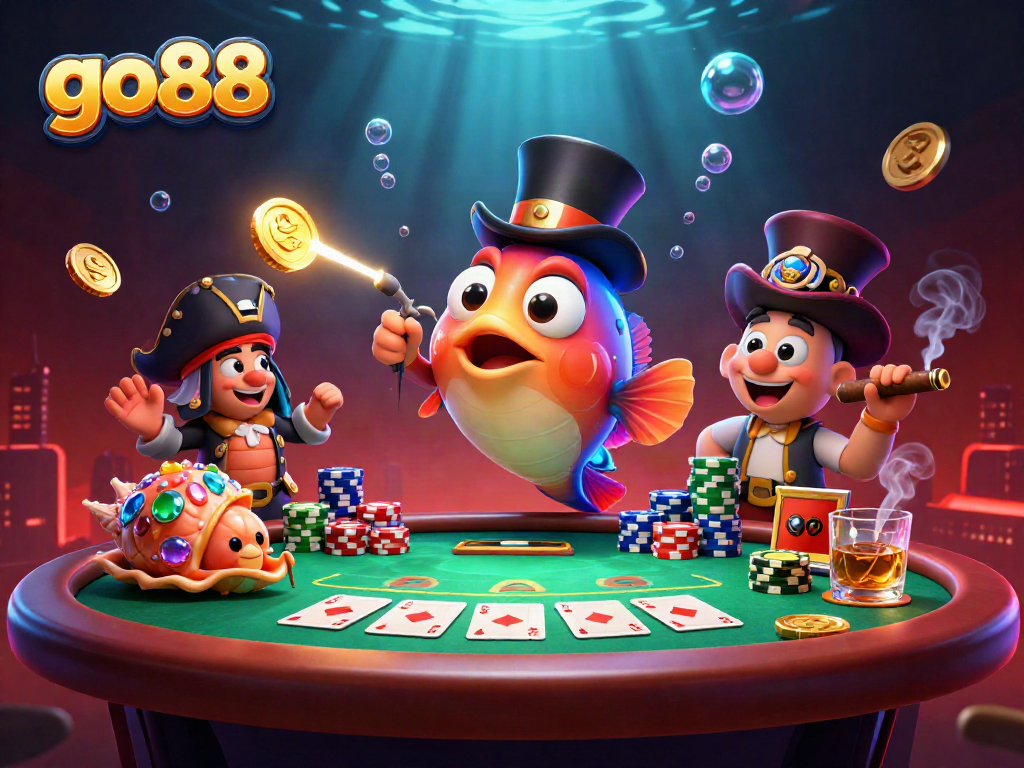 Engage in thrilling action with go88's 3D underwater casino featuring poker elements and vibrant characters.