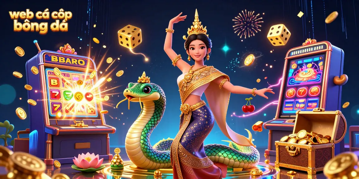 Bet on web cá cược bóng đá with dynamic illustrations of slot machines, gold coins, and vibrant characters.