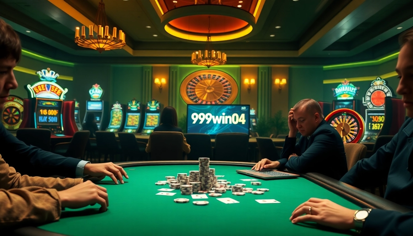 Players strategize in a vibrant casino setting while exploring 99win04 for greater odds.