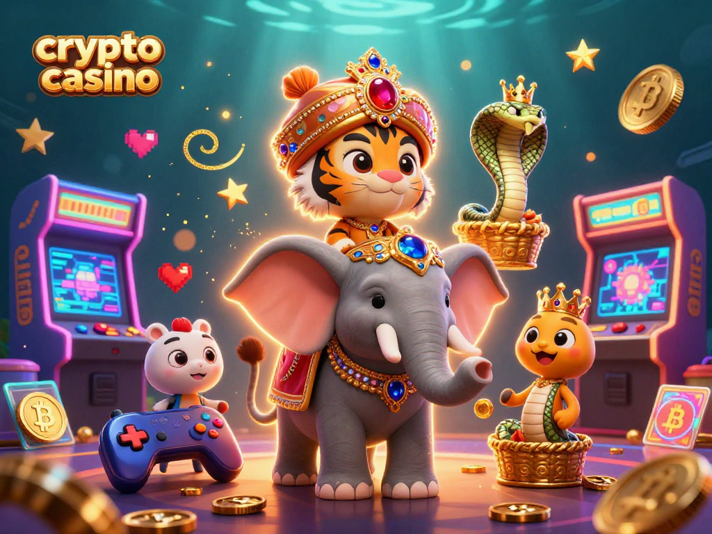 Engage with the vibrant crypto casino world, featuring a maharaja tiger, jewel-encrusted elephant, and blockchain elements.