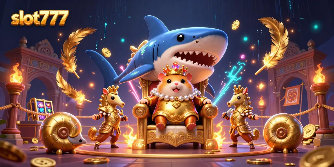 Menangkan permainan dengan slot777, melihat raja hamster emas di tahta gigi megalodon, dikelilingi slot dan koin emas.