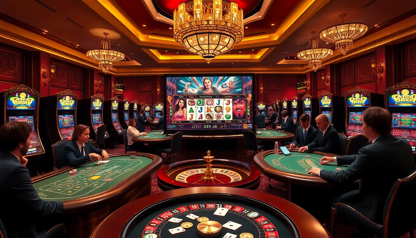 A thrilling Kerajaanslot gaming scene with luxurious slot machines and excited players enjoying their bets.