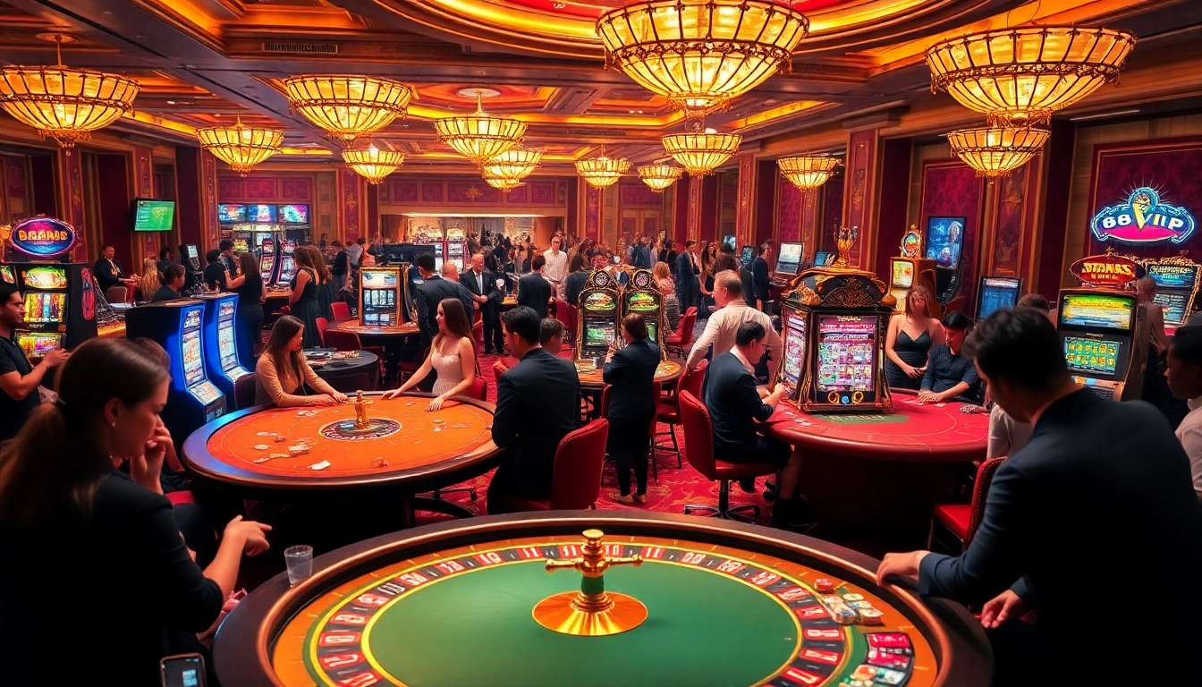 Exciting casino scene featuring 68VIP with poker tables and slot machines in a vibrant atmosphere.