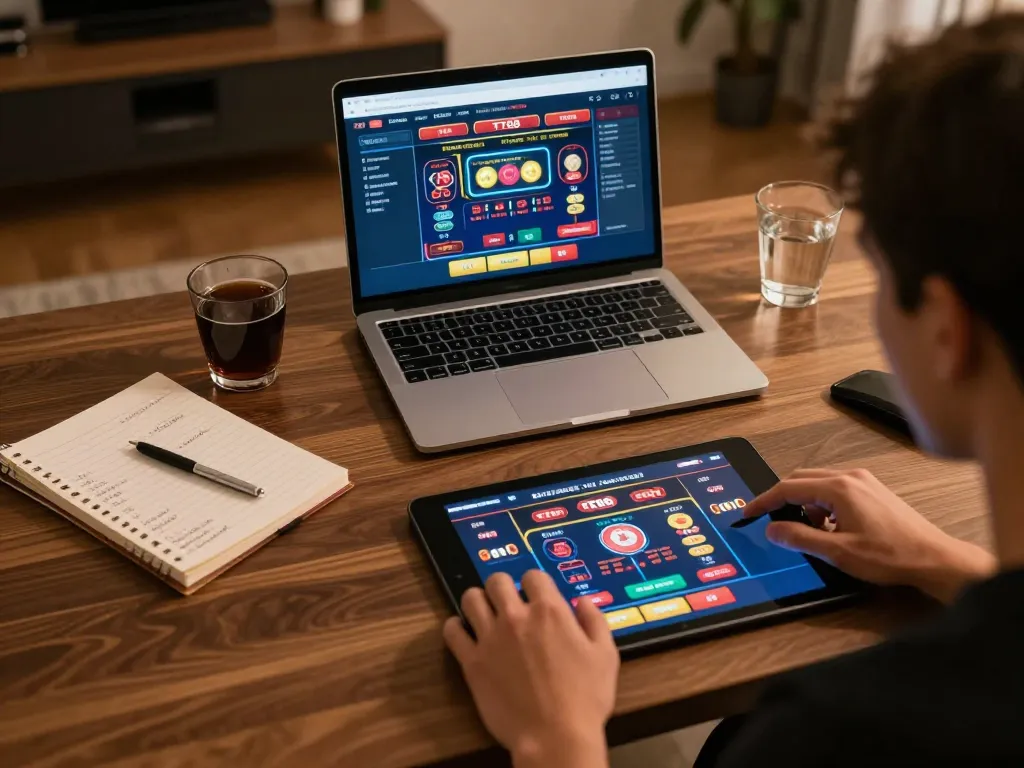 Engaging with the TT88 casino interface at home, showcasing online betting strategy.