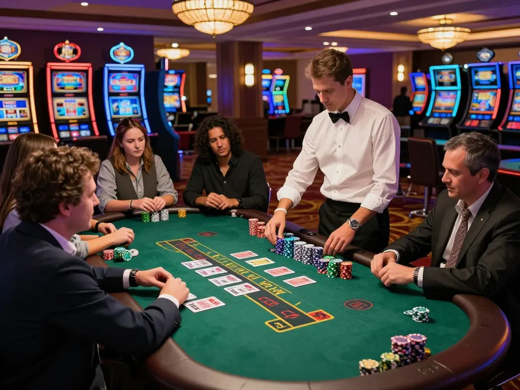 KUWIN players strategizing at a live blackjack table, focusing on their hands and dealer in an upscale casino.