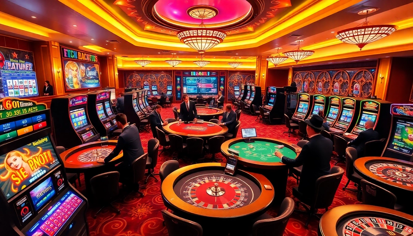 Exciting casino atmosphere featuring players at tables and showcasing https://88i8i.net/ promotional materials.