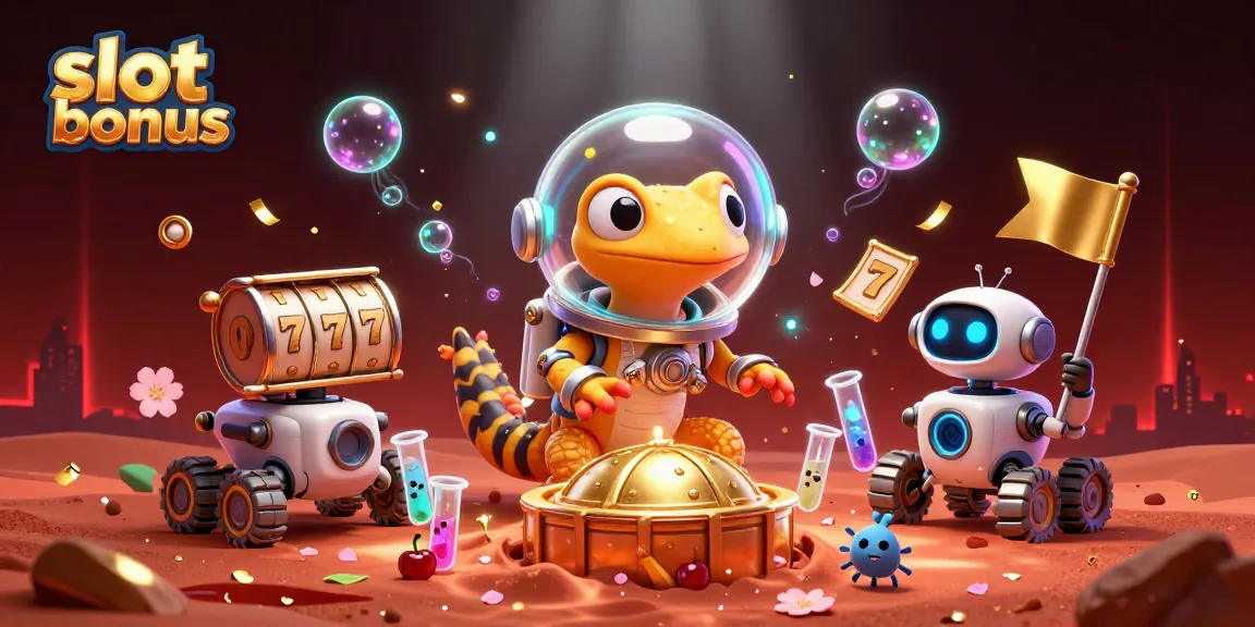 Experience thrilling slot bonus action with a 3D Martian gecko in a dazzling golden casino scene.