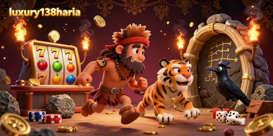 Experience the excitement of luxury138harian with a thrilling prehistoric casino scene featuring unique characters and vibrant slot details.