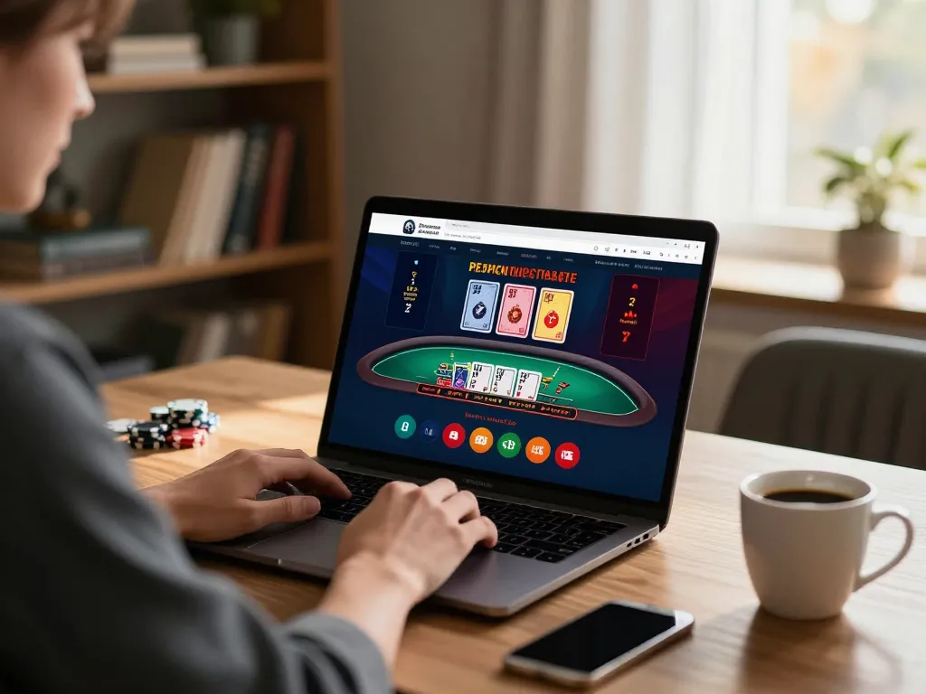 Kuwin online black jack gameplay at home office, showcasing a strategic gambling session.