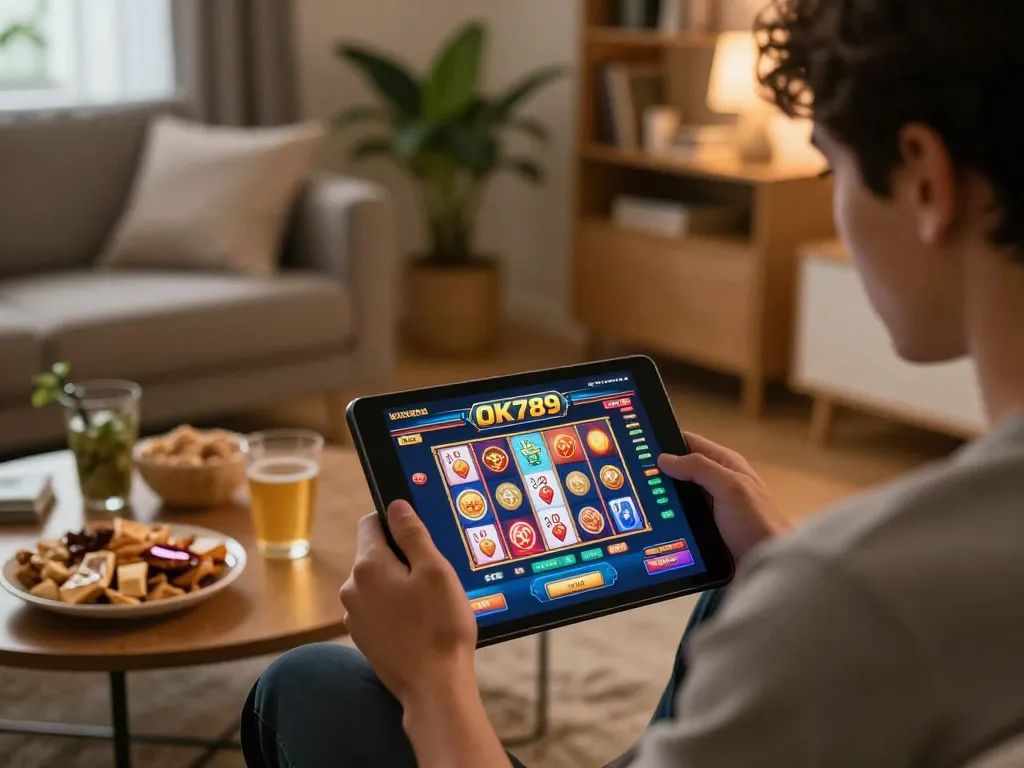 Player engaged with the OK789 casino app, enjoying a strategic online gaming experience in a cozy home