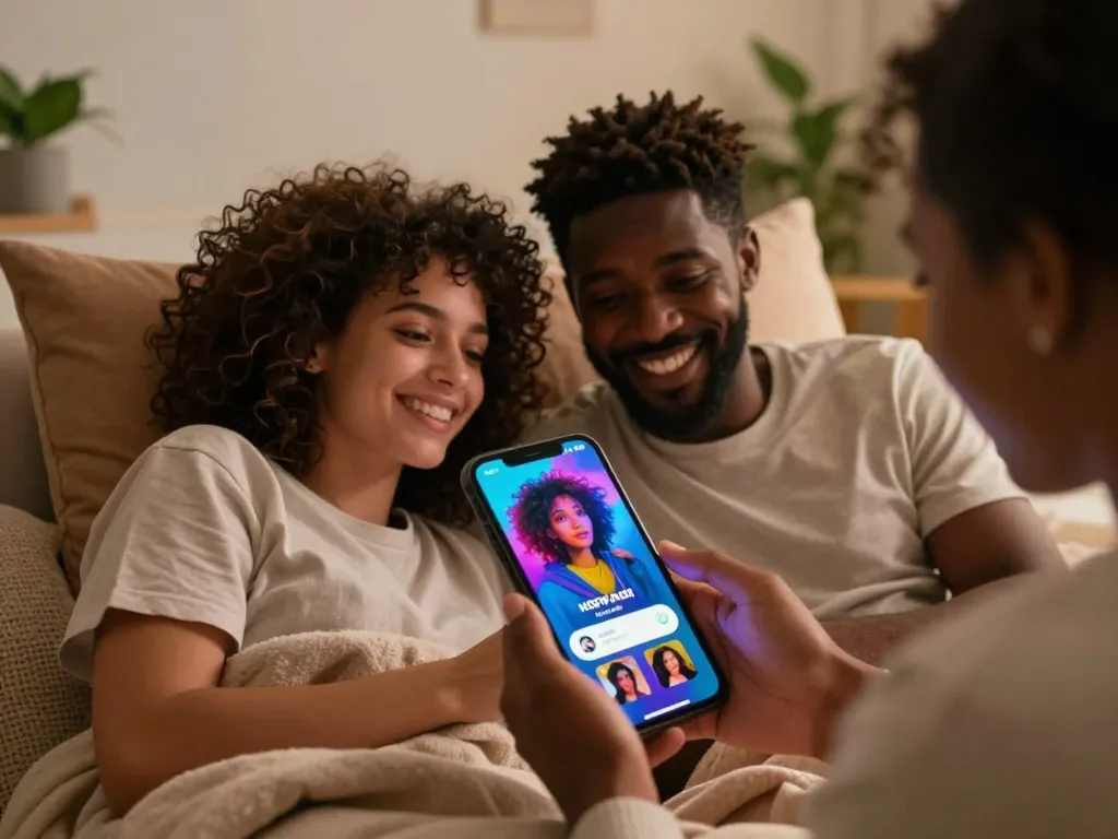 Engaging couple immersed in nsfw ai chat on smartphone in cozy room