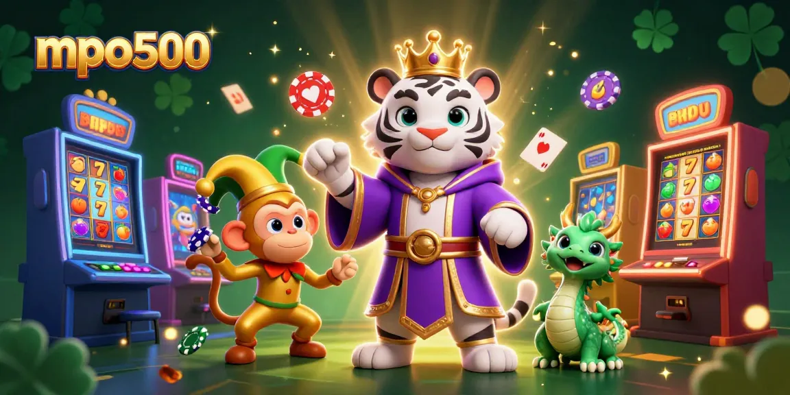 Experience the excitement of mpo500 with an illustration of a royal tiger, a jester monkey, and vibrant slot machines.