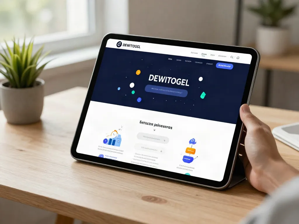 Pengguna menjelajahi link DEWITOGEL di tablet dalam ruang kerja modern.