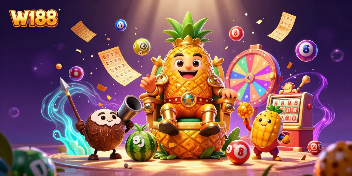 Engage in thrilling games at W188 with colorful lottery elements and festive casino characters.