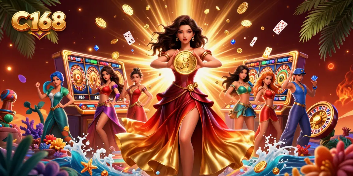 Spin and win at C 168 with vibrant casino elements and dynamic golden coins raining down.
