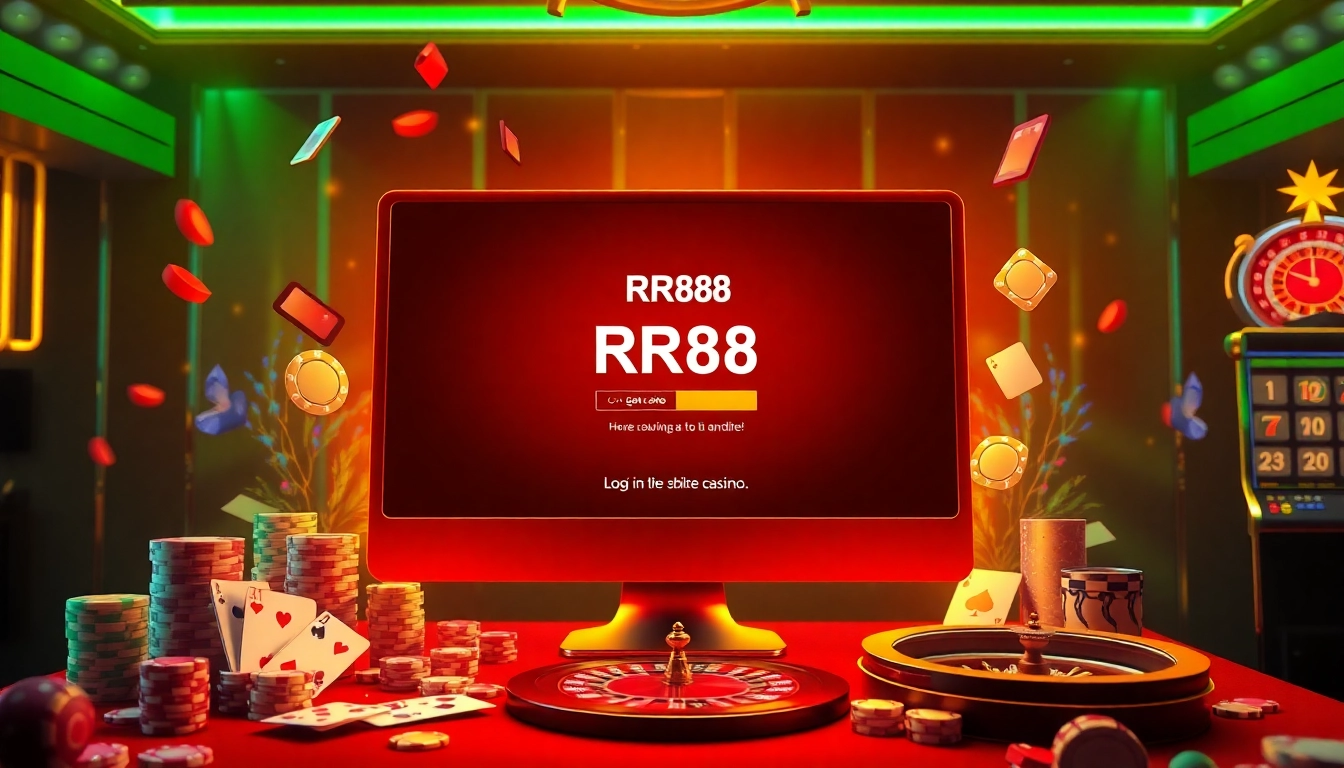 Experience the excitement of ĐĂNG NHẬP RR88 with vibrant casino elements, poker chips, and sleek interfaces.