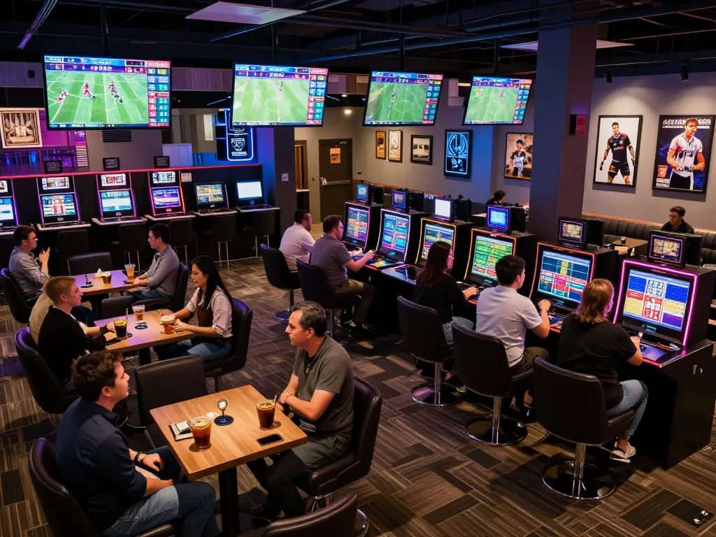 Soi kèo insights at a modern sports betting lounge with enthusiastic patrons and live displays.