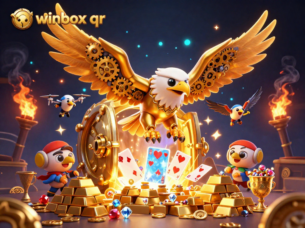 Experience the excitement of winbox qr with this vibrant 3D illustration of cybernetic characters in a casino setting.