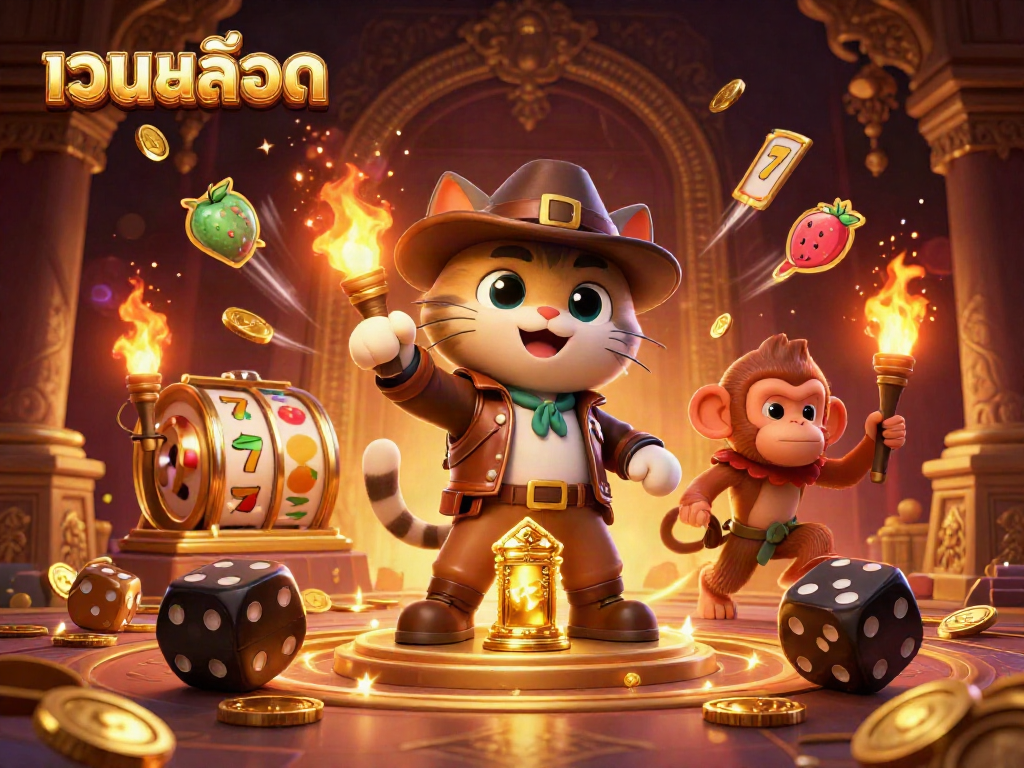 Experience thrilling เว็บสล็อต action with a golden artifact reveal and dynamic casino elements in a vibrant temple.