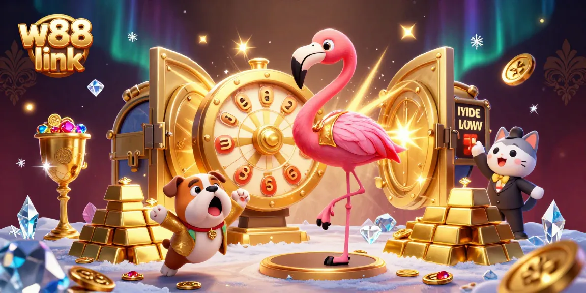 Spin the w88 link prize wheel with excitement alongside a bulldog in this vibrant casino scene.