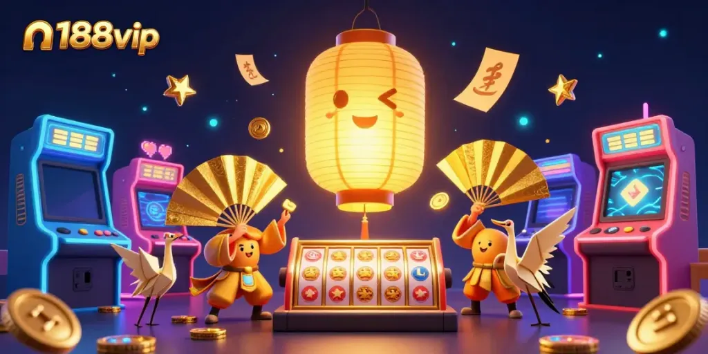 Engage with n188vip's vibrant casino scene, featuring glowing characters, dynamic slot reels, and arcade games.