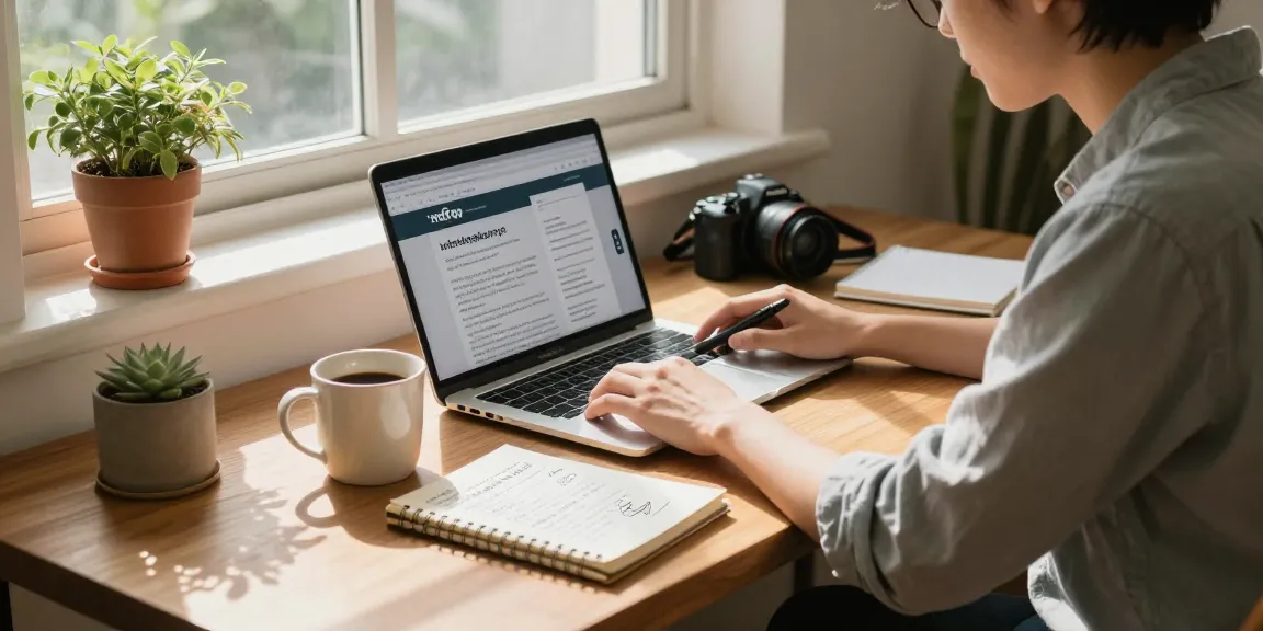 Cozy home office scene focusing on info selengkapnya article creation