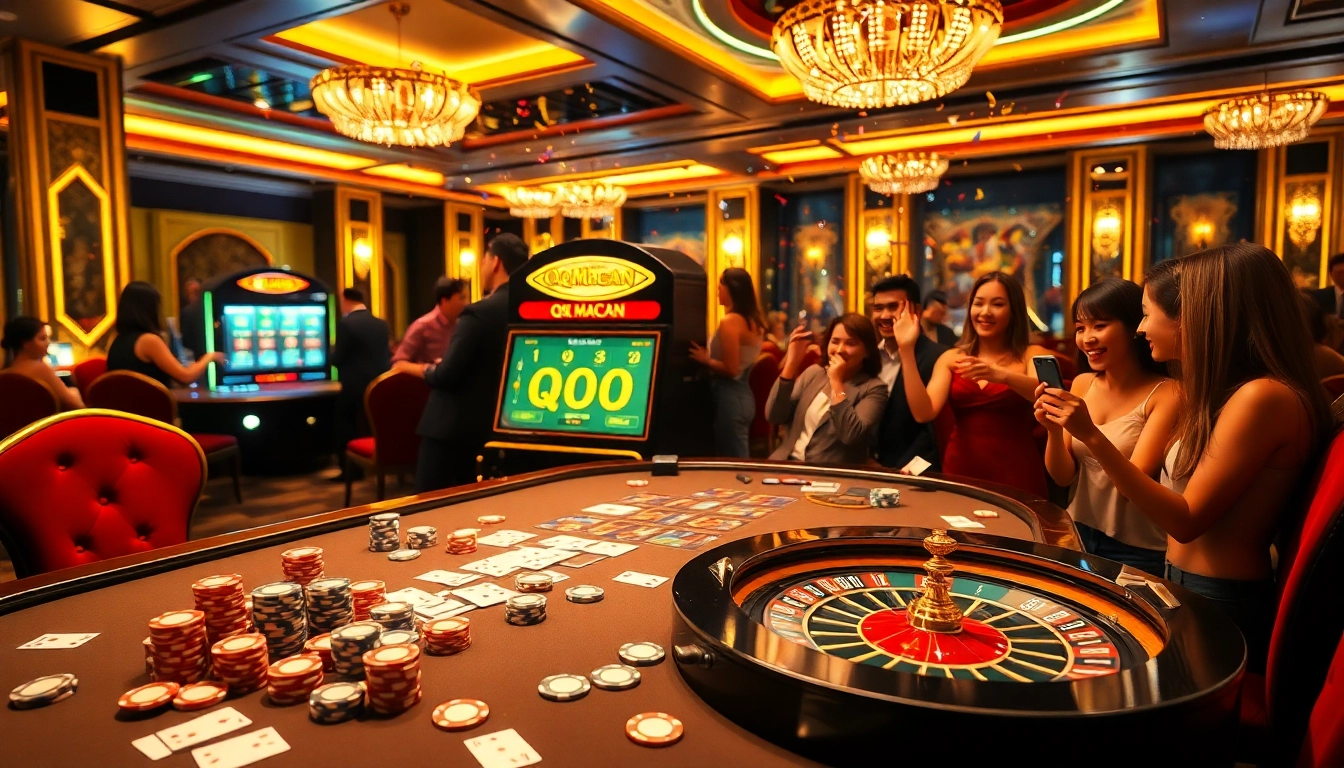 Players enjoying thrilling gameplay at QQMacan's luxurious slot machine in a vibrant casino atmosphere.