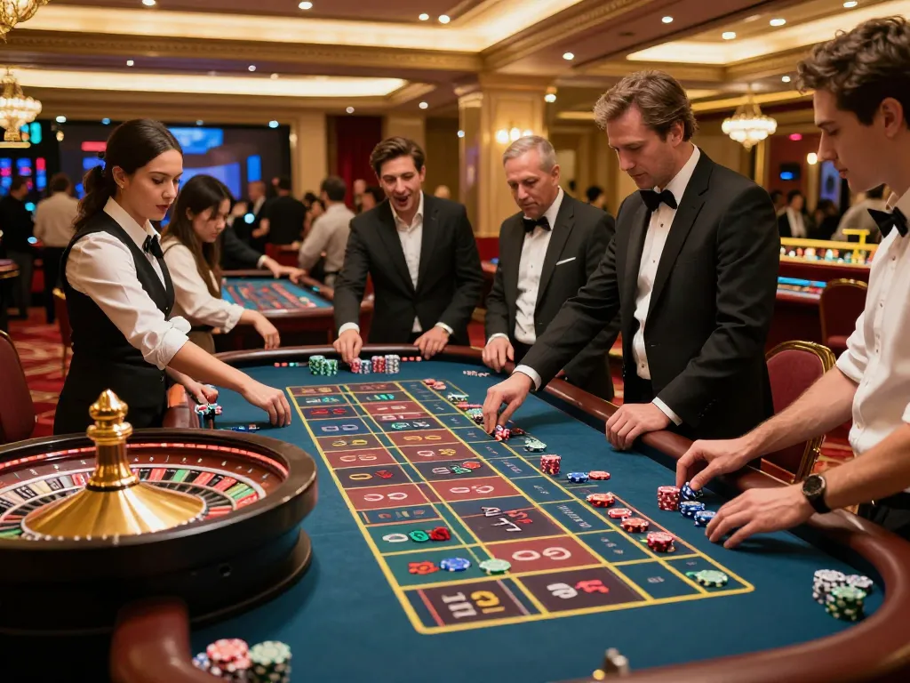 Players engaged in lively roulette gameplay at LuckyIndex casino venue, capturing the excitement of high-stakes bets and vibrant atmosphere