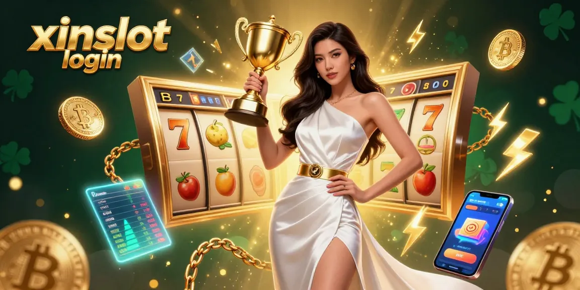 Engage with xinslot login at this vibrant casino scene featuring a confident trophy-holding winner amidst dynamic slot symbols.