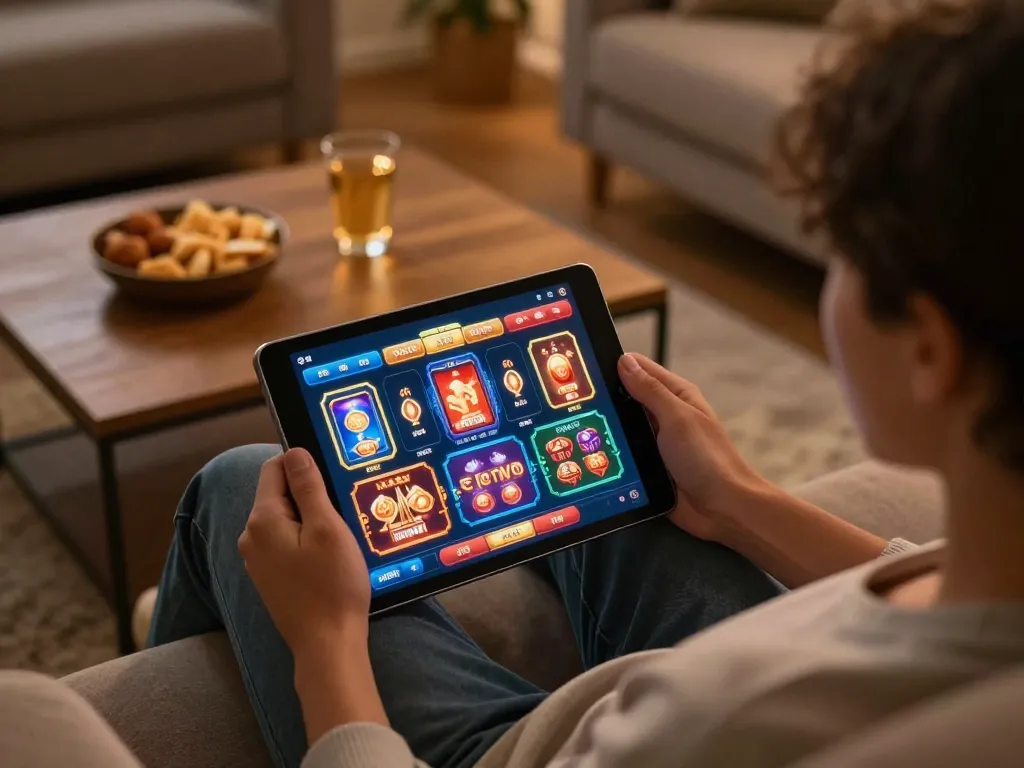 Playing casino games on a tablet with tr88 interface in a cozy home setting