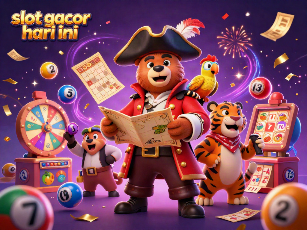 Slot gacor hari ini menampilkan beruang kapten bajak laut dalam ilustrasi 3D yang ceria dan banyak elemen permainan.