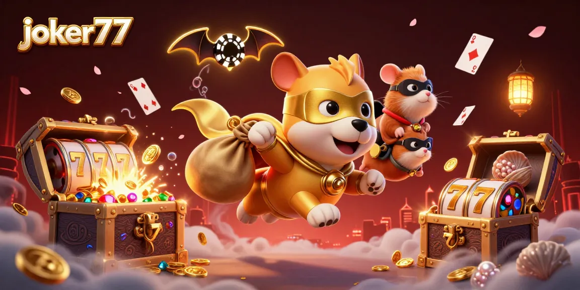 Experience excitement with joker77 as the superhero dog soars, showcasing thrilling casino elements