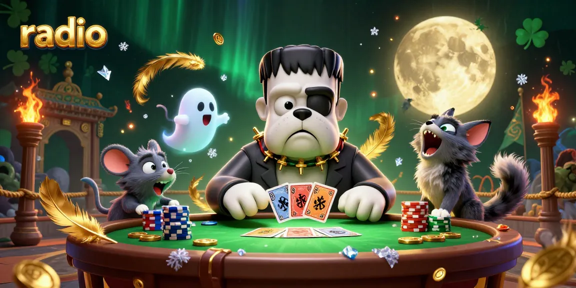 Experience thrilling radio-themed casino gameplay with a cartoon bulldog dealer and spooky atmosphere.