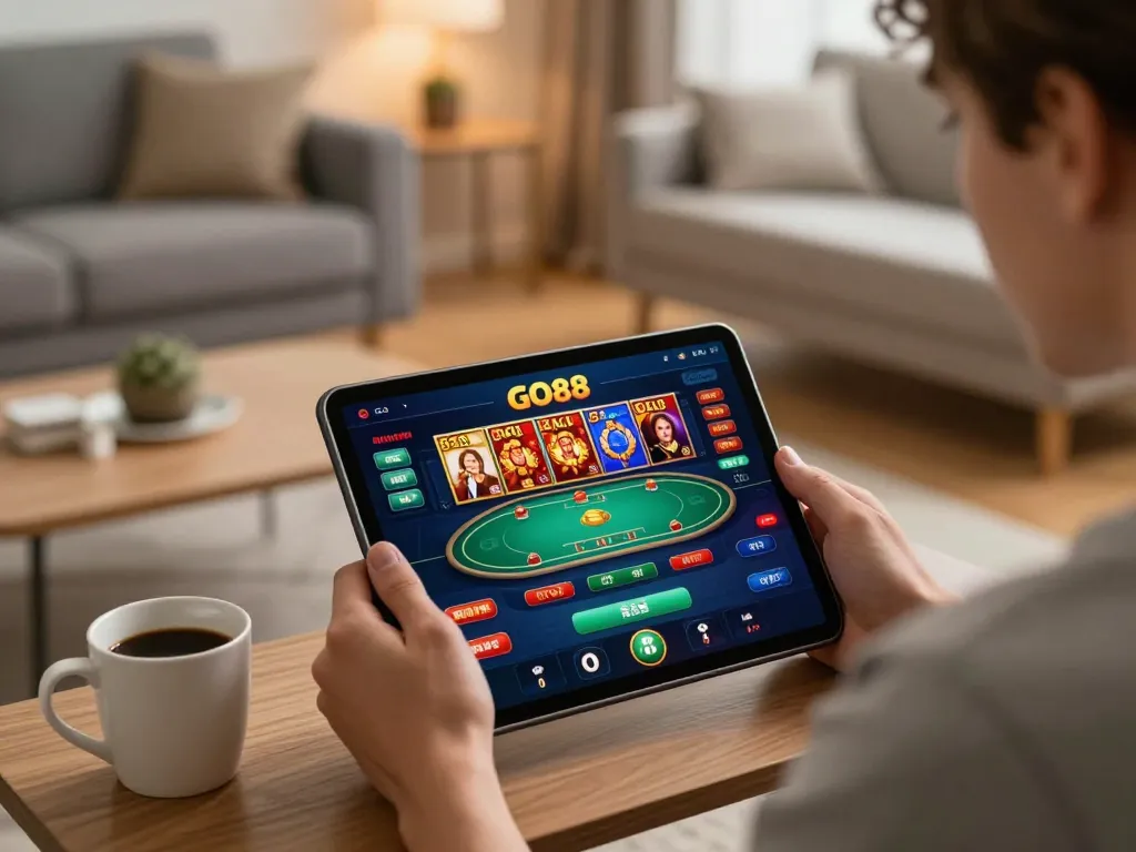 Player enjoying a thrilling gaming session on the GO88 app in a cozy living room, showcasing dynamic gameplay.