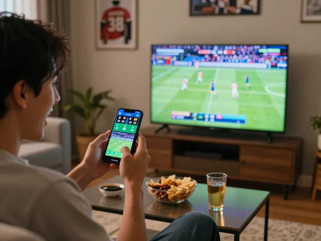 Person engaging with BONGDALU betting app while watching live sports, capturing the excitement of home gaming.