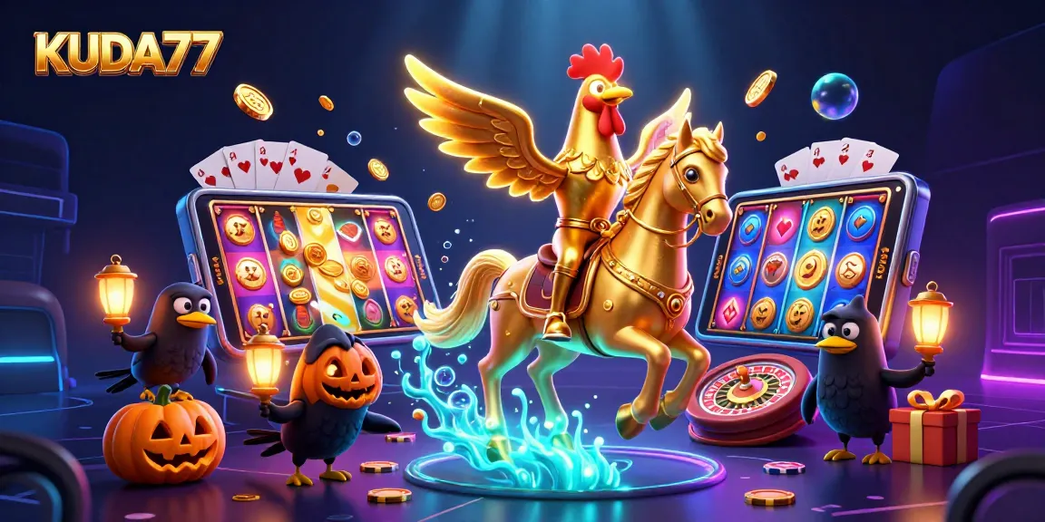Simbol KUDA77 saat bermain slot online dengan slot permainan yang berkilau dan dikelilingi oleh koin dan kartu.