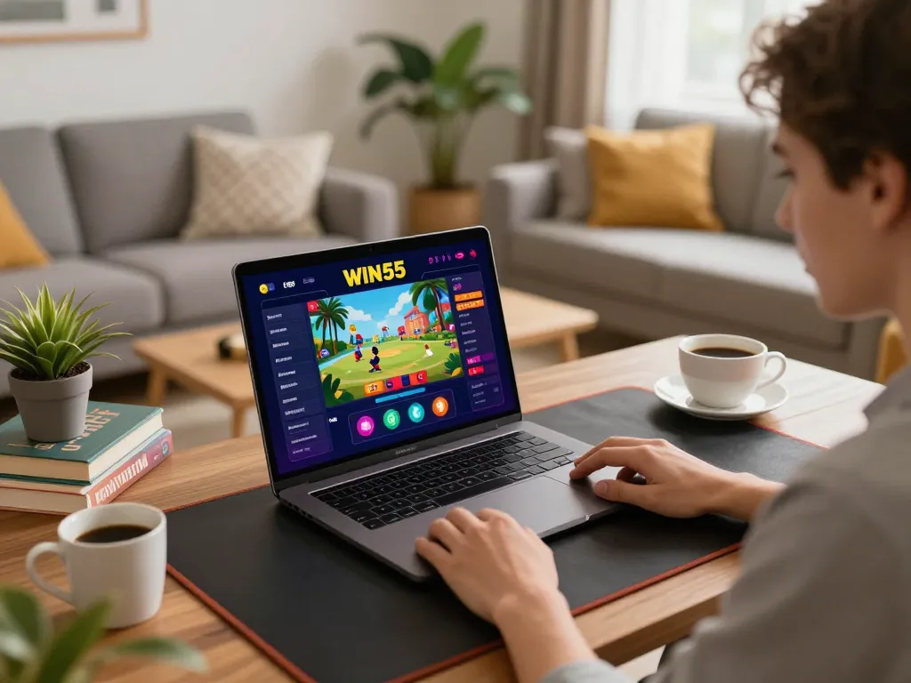 Person enjoying online gaming at WIN55 on a laptop in a cozy living room setting