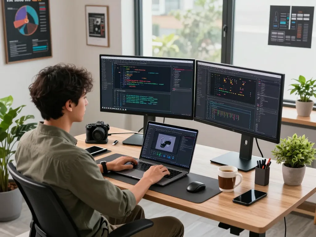 Dynamic workspace showcasing a developer using OpenClaw for productivity with multiple screens and modern setup.